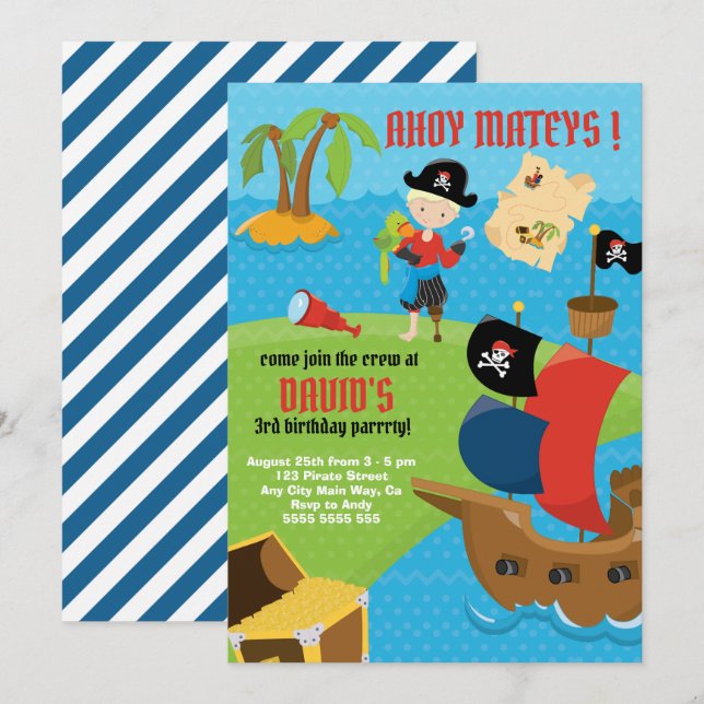 Invitation Ahoy ! Pirate Ship Boy Pirate fête d'anniversaire (Devant / Derrière)