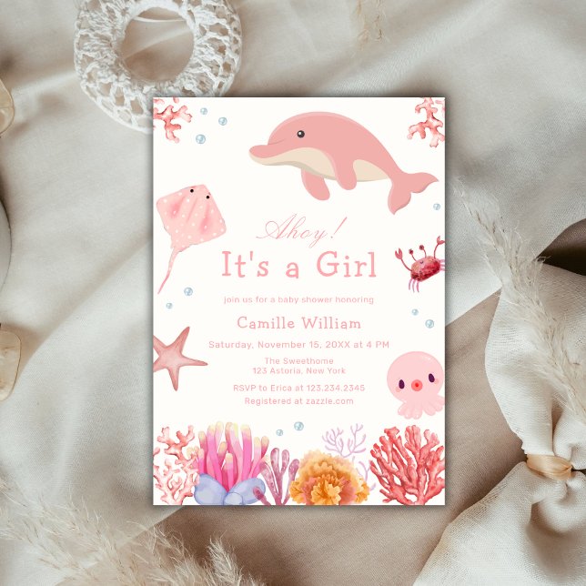 Invitation Ahoy Rose Sous Le Baby shower Des Dauphins De Mer (Pink Ahoy Under The Sea Dolphin Girl Baby Shower Invitation)