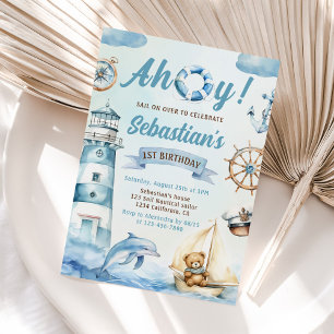 Invitation Ahoy Sailor Nautical Boat Blue 1er anniversaire