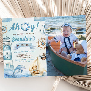 Invitation Ahoy Sailor Nautical Boat Blue 1er Birthday Photo