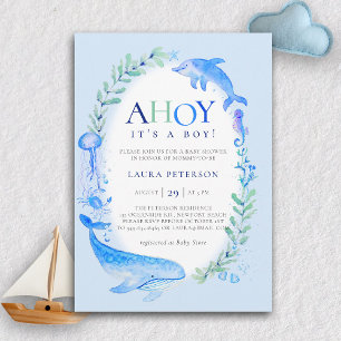 Invitation Ahoy Sea Animals Nautical Blue Boy Baby shower