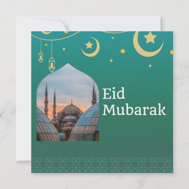 Invitation Aïd Moubarak vert et bleu avec texte personnalisab (Devant)