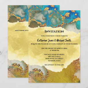 Invitation Aiguille chic géode faux or cristal bleu