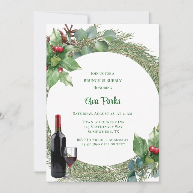 Invitation Aiguilles de pin Rouge Berry Brunch de Noël et Bub (Devant)