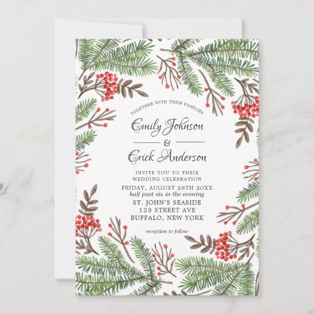 Invitation Aiguilles de pin rouge et vert Berry Mariage de No (Devant)
