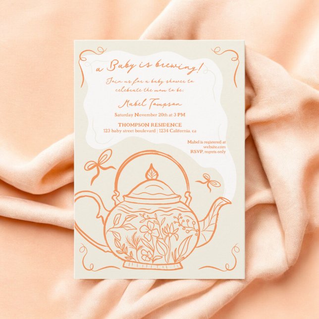 Invitation Aiguilles orange rétro teapot bébé est en train de (Retro orange bows teapot baby is brewing shower invitation)