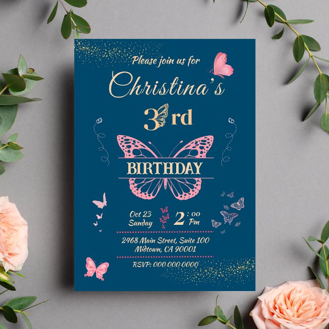 Invitation Ailes papillon 3e anniversaire bleu couleur invita (Créateur téléchargé)