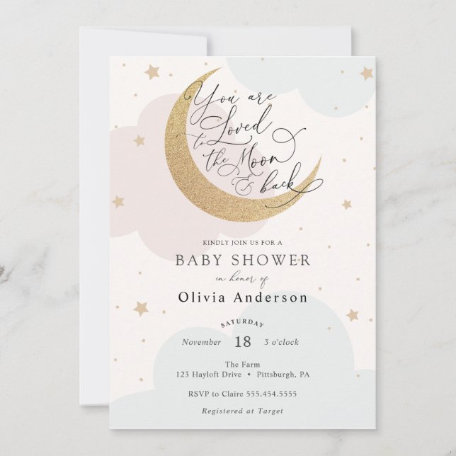 Invitation Aimé à la Lune et le Baby shower du dos (Devant)