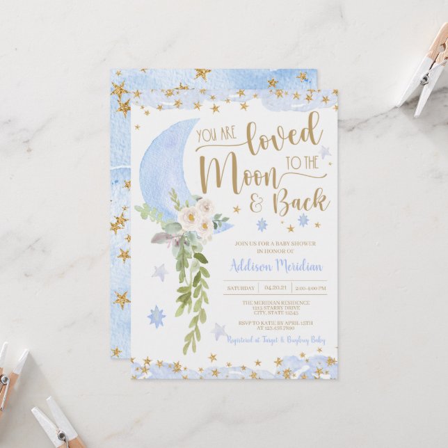 Invitation Aimé à la lune et le dos Baby Boy Shower (Devant/Arrière en situation)