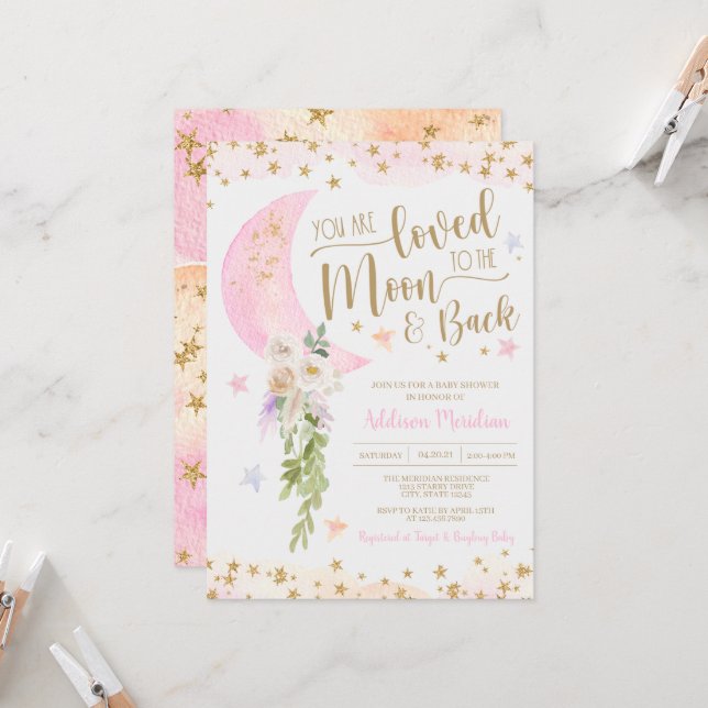 Invitation Aimé à la lune et le dos Baby Girl Shower (Devant/Arrière en situation)