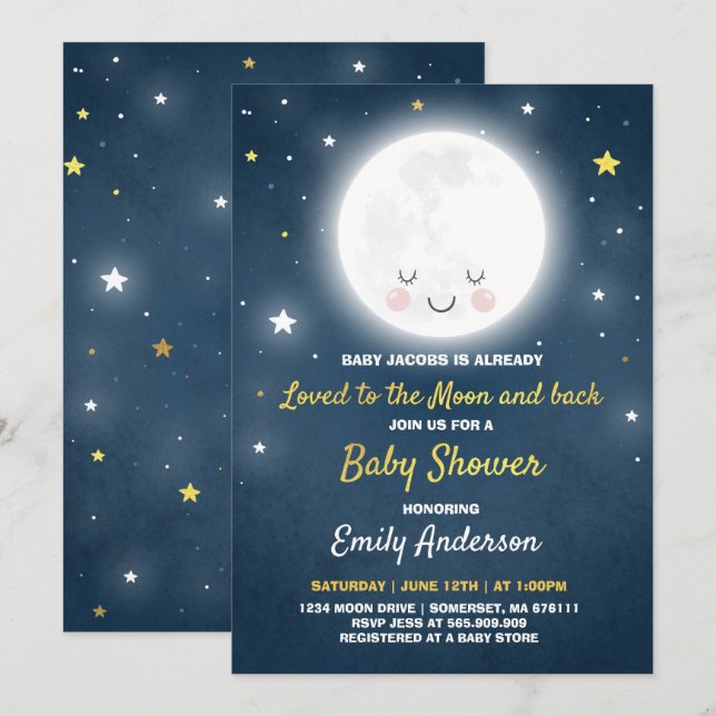 Invitation Aimé À L'Invitation De La Lune Et Du Baby shower A (Devant / Derrière)