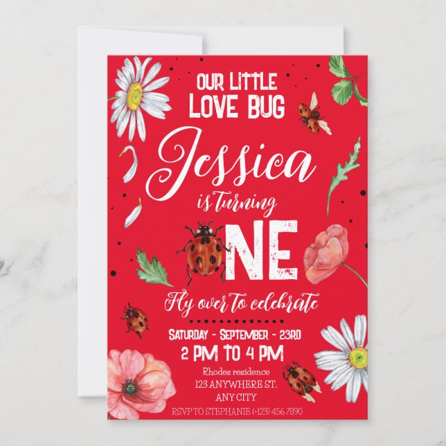 Invitation Aimer bug Watercolor mignonne Anniversaire fille (Devant)