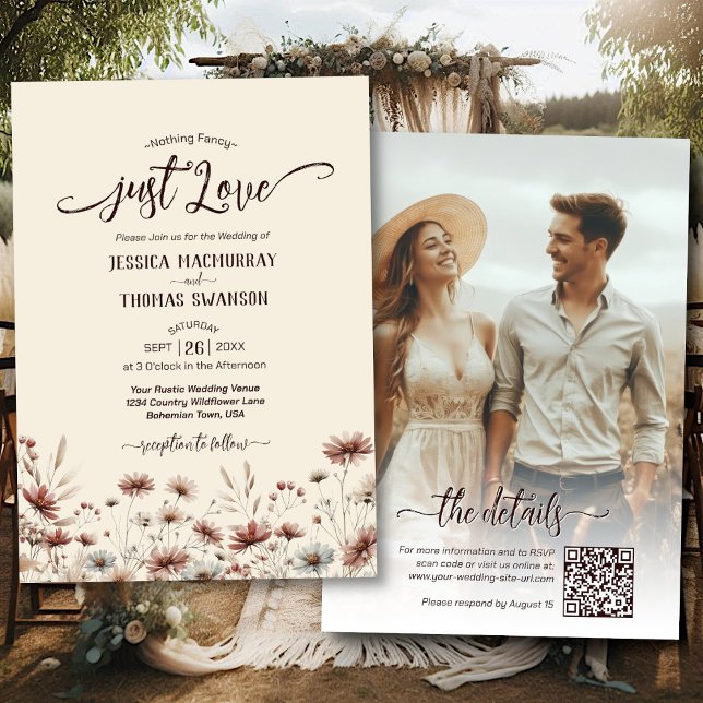Invitation Aimez ! Boho Fleur sauvage Photo QR Code Mariage (Front/Back)
