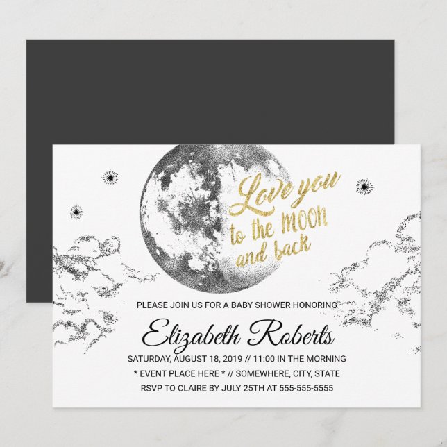 Invitation Aimez-vous à la lune et le Baby shower arrière (Devant / Derrière)