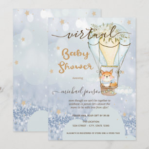 Invitation Air Balloon Fox Stars Bokeh Baby shower virtuel