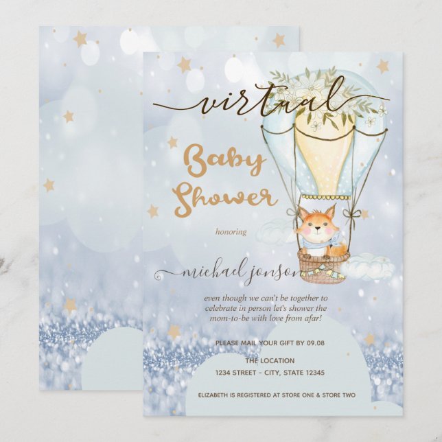 Invitation Air Balloon Fox Stars Bokeh Baby shower virtuel (Devant / Derrière)