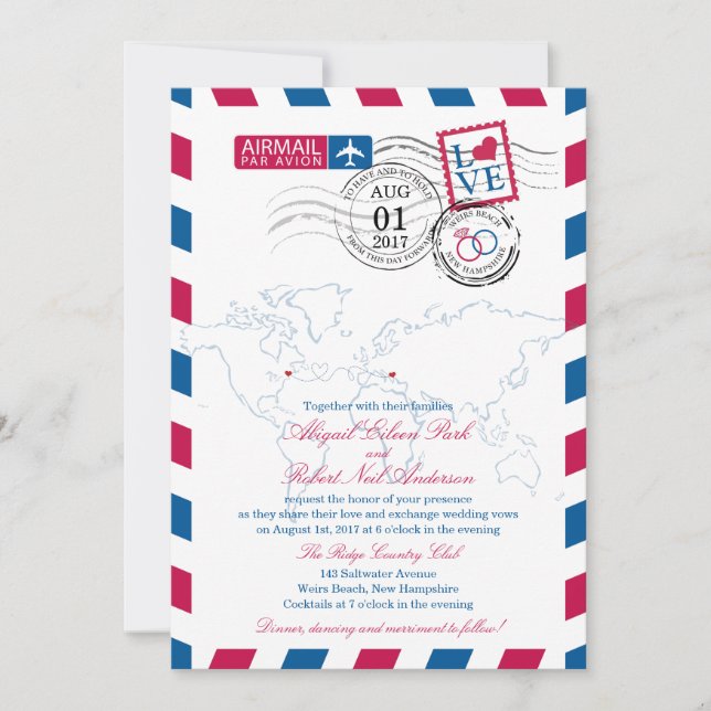 Invitation Airmail Heart USA et Macédoine Mariage (Devant)