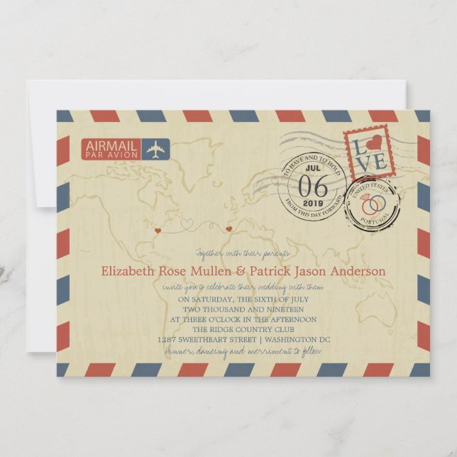 Invitation Airmail Washington DC / Portugal | Mariage (Devant)