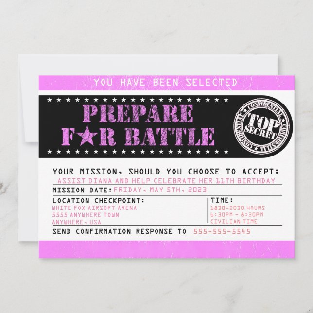 Invitation Airsoft 'Préparez-vous à la bataille' 5x7 Military (Devant)