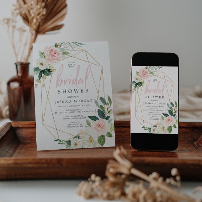 Invitation Airy Blush Floral Gold Fête des mariées (Créateur téléchargé)