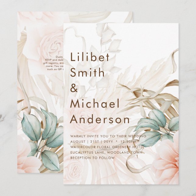 Invitation Airy BOHO Pampas Mariage de pêche légère en herbe (Devant / Derrière)