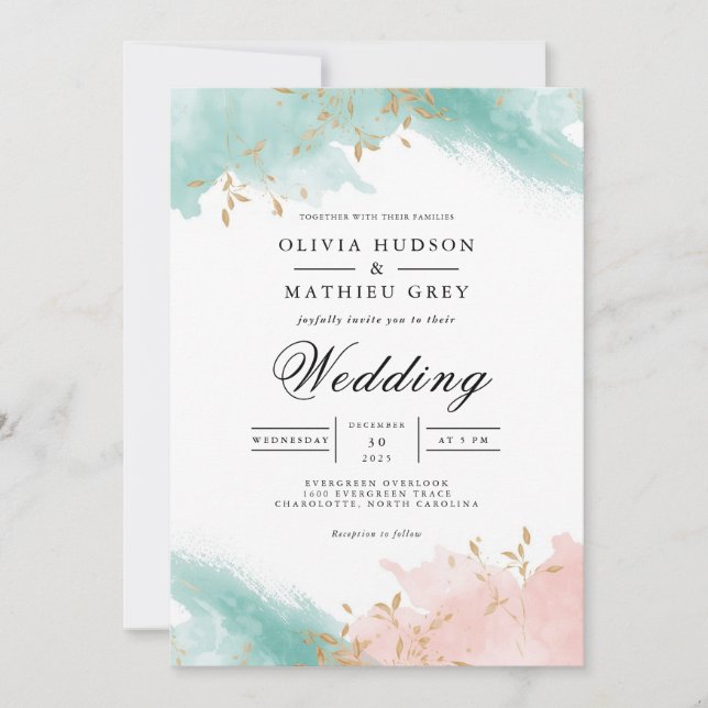 Invitation Airy Turquoise Coral Flourish Mariage (Devant)