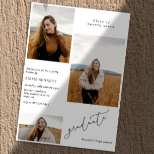 Invitation Ajouter 3 Photo Modern Script Graduation Invitatio
