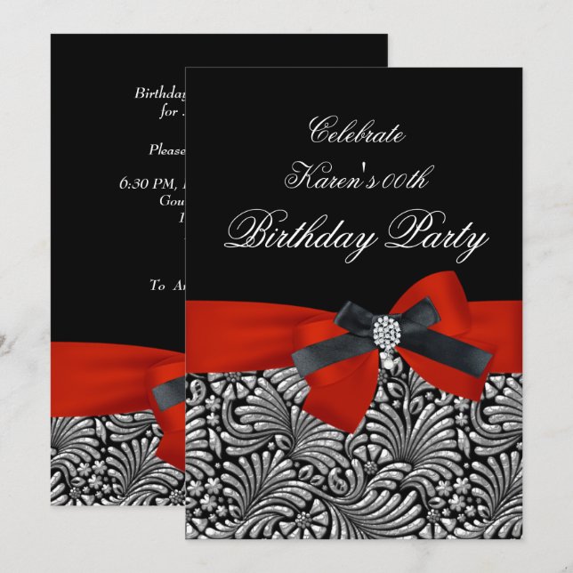 Invitation Ajouter âge Anniversaire Fête Rouge Damas Noir (Devant / Derrière)