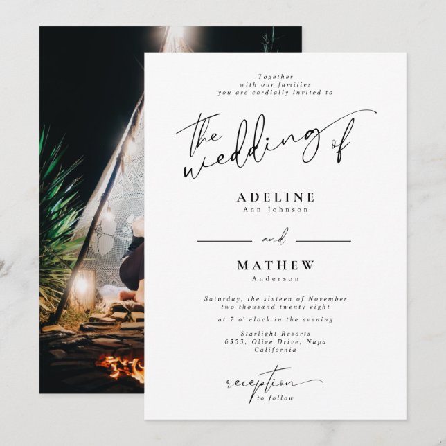 Invitation Ajouter un Mariage de script moderne photo personn (Devant / Derrière)