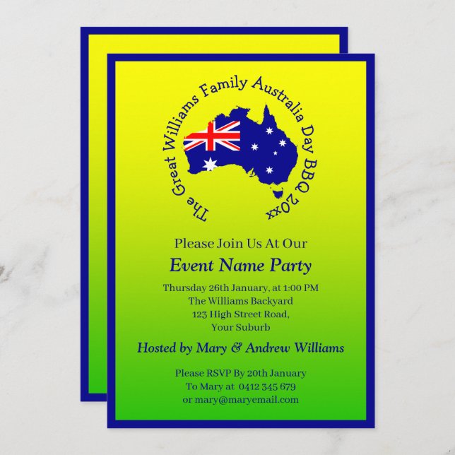 Invitation Ajouter un nom Année Date Australia Day Party Gree (Devant / Derrière)