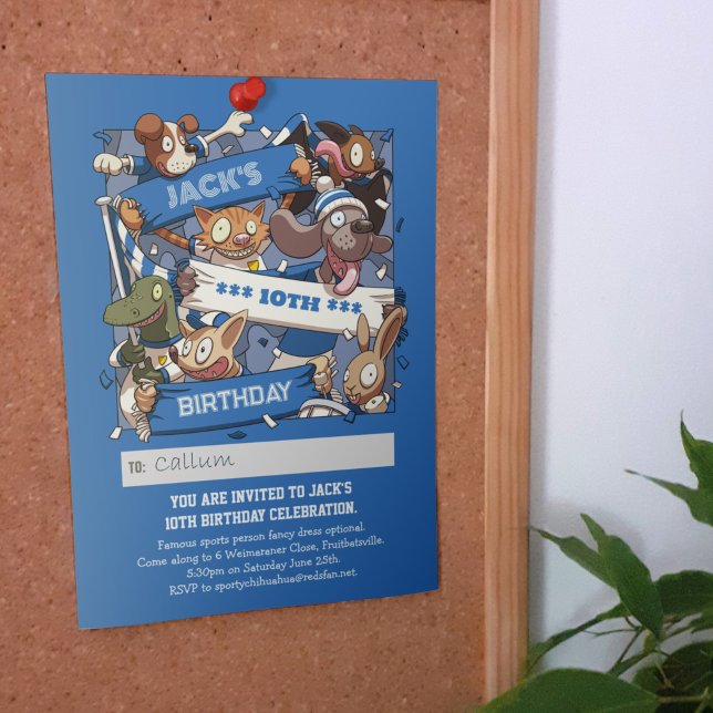 Invitation Ajouter Votre Nom Anniversaire Animaux Fans Bleu & (Créateur téléchargé)