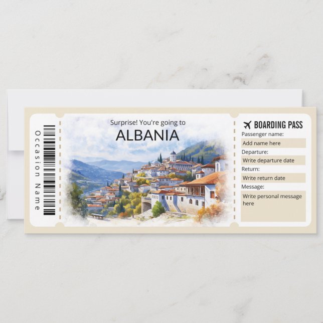 Invitation Albanie Modifiable Billet avion, Albanie Voyage (Devant)