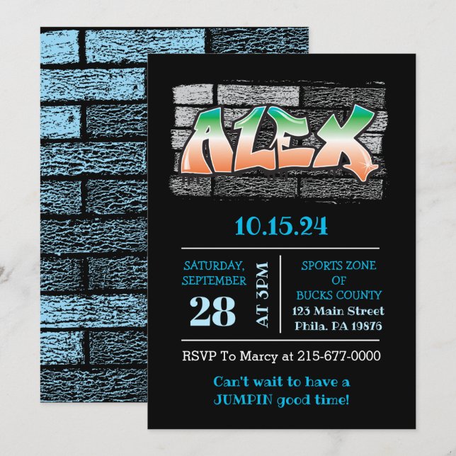 Invitation ALEX Votre nom Graffiti Brick Wall Paint Splatter (Devant / Derrière)
