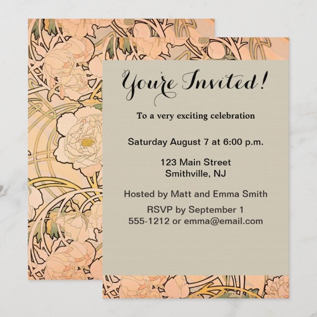 Invitation Alfonse Mucha Art Nouveau Peonies (Devant / Derrière)