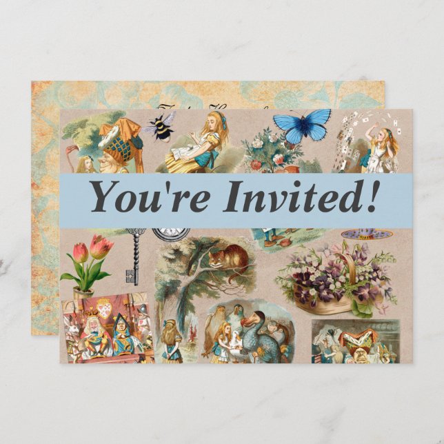 Invitation Alice à Wonderland Cheshire Cat Characters (Devant / Derrière)