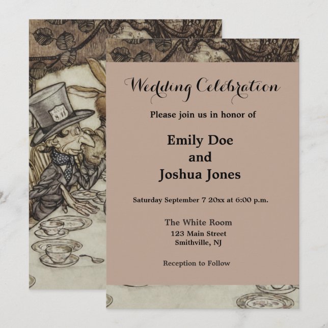 Invitation Alice Anniversaire Non-Anniversaire Lapin Chapeau  (Devant / Derrière)