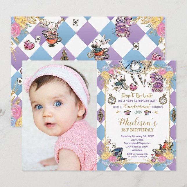 Invitation Alice au pays des merveilles 1er anniversaire Oned (Devant / Derrière)