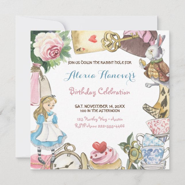 Invitation Alice au pays des merveilles Aquarelle Peint à la  (Devant)