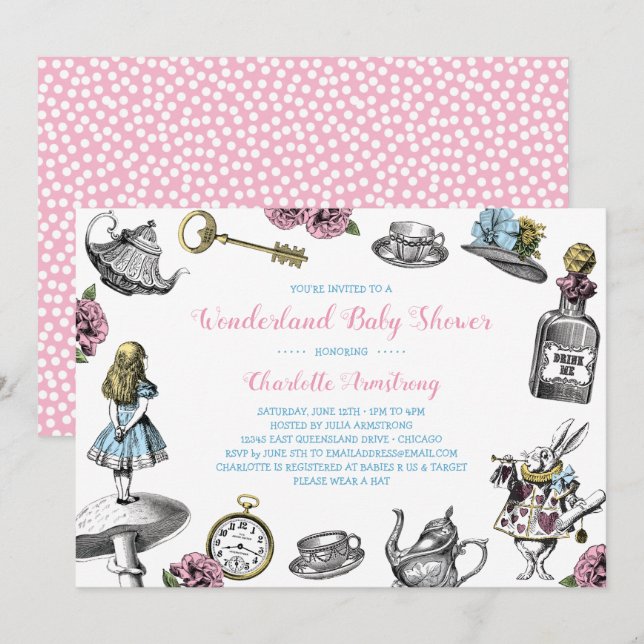 Invitation Alice au pays des merveilles Baby shower à points  (Devant / Derrière)