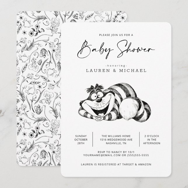 Invitation Alice au pays des merveilles - Baby shower Cheshir (Devant / Derrière)