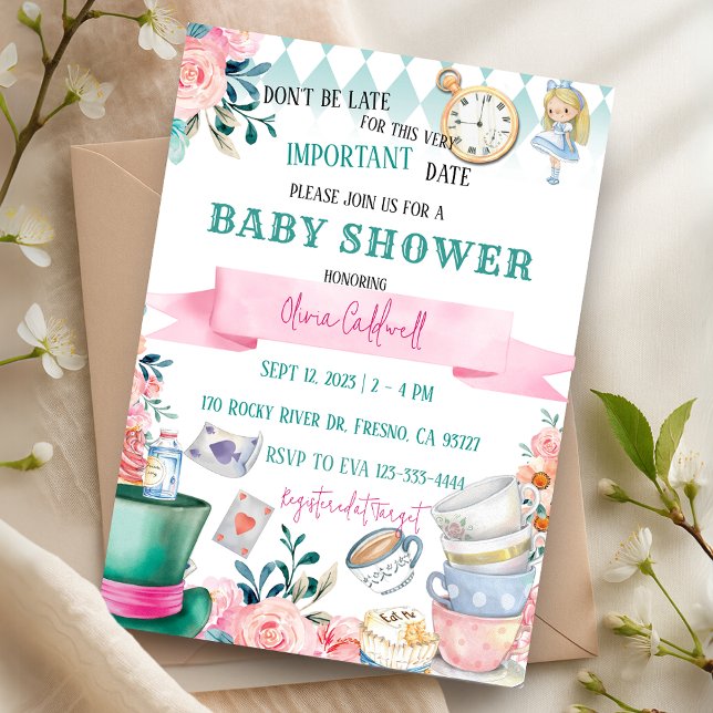 Invitation Alice au pays des merveilles Baby shower de Tea Pa (Alice in Wonderland Tea Party Baby Shower Invitation)