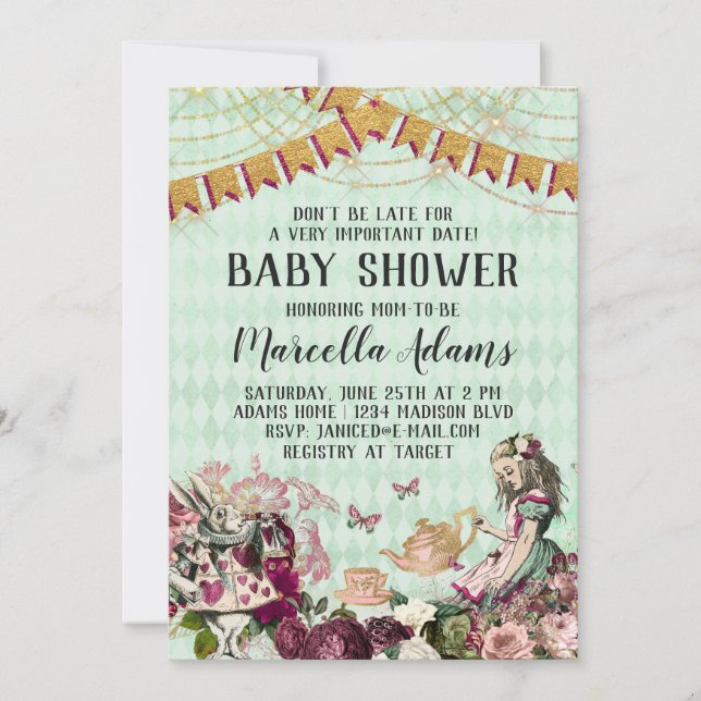 Invitation Alice au pays des merveilles Baby shower Invitatio (Devant)