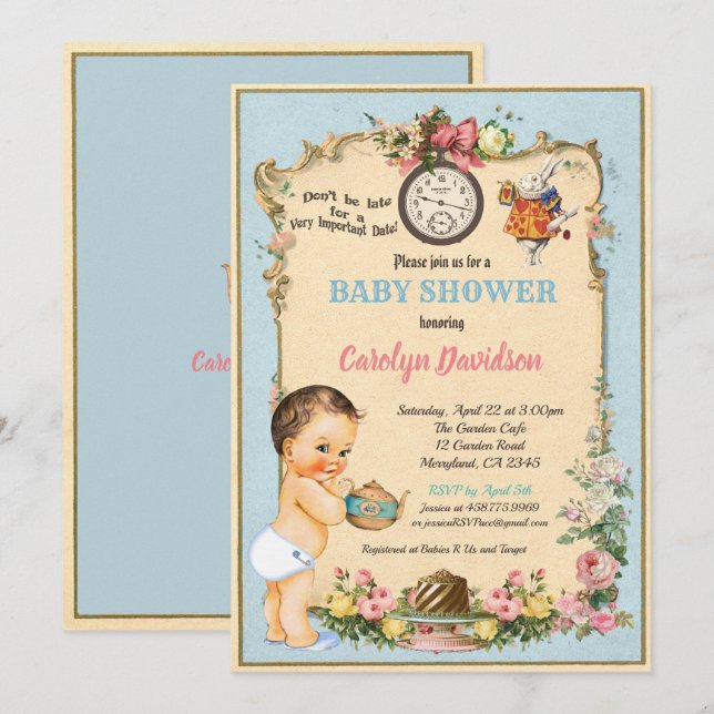 Invitation Alice au pays des merveilles Baby shower Invitatio (Devant / Derrière)
