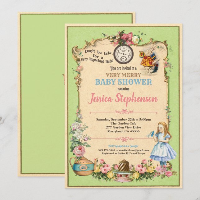 Invitation Alice au pays des merveilles baby shower invitatio (Devant / Derrière)