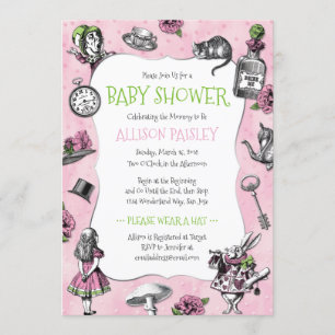 Invitation Alice au pays des merveilles Baby shower rose