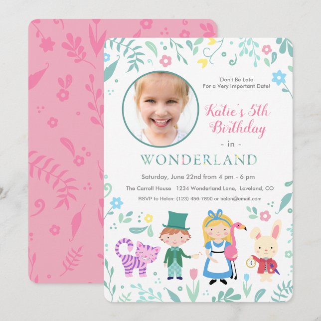 Invitation Alice au pays des merveilles fête d'anniversaire (Devant / Derrière)