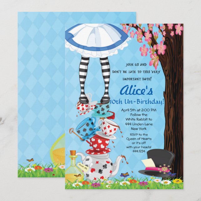 Invitation Alice au pays des merveilles fête d'anniversaire (Devant / Derrière)