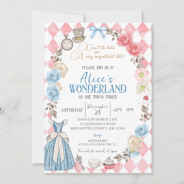 Invitation Alice au pays des merveilles, Fille 3ème anniversa (Devant)