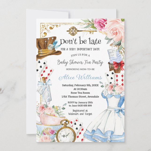 Invitation Alice au pays des merveilles Fleur Baby shower Tea (Devant)