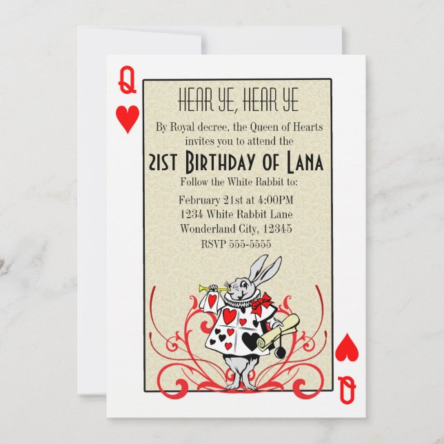 Invitation Alice au pays des merveilles Lapin blanc Reine des (Devant)